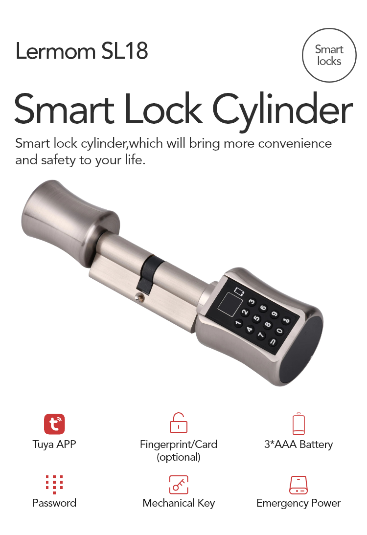 Smart Cylinder Lock - Home Apartment Electronic Biometric Fingerprint Keyless Tuya TTLock Smart Lock Cylinder - SL18