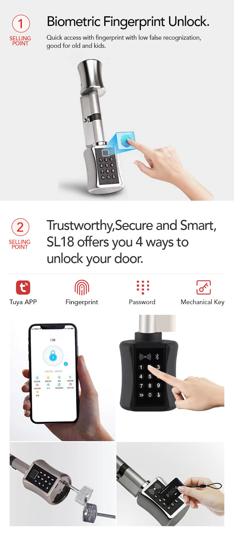 Smart Cylinder Lock - Home Apartment Electronic Biometric Fingerprint Keyless Tuya TTLock Smart Lock Cylinder - SL18