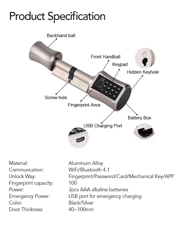 Smart Cylinder Lock - Home Apartment Electronic Biometric Fingerprint Keyless Tuya TTLock Smart Lock Cylinder - SL18