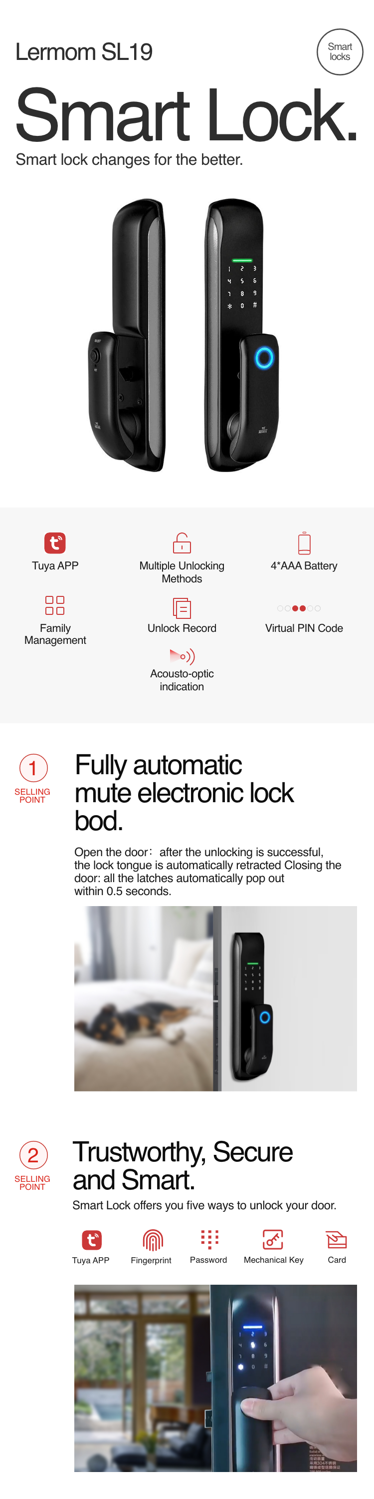 Smart Mortise Door Lock -  Fingerprint, Password, Mechanical Key, Card, APP, Bluetooth/WiFi Smart Lock  - SL19