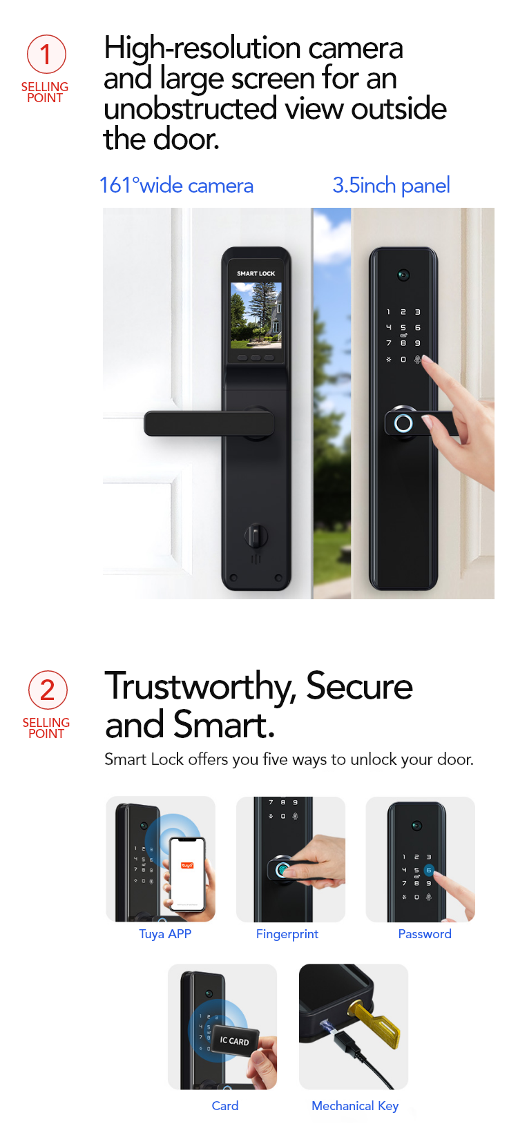 Smart Mortise Door Lock with Camera - Fingerprint, Password, Mechanical Key, Card, APP, Bluetooth/WiFi - SLC3