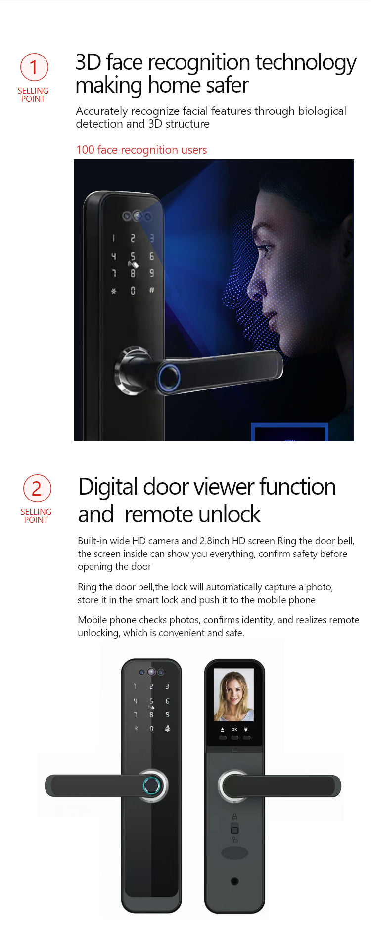 Door Lock with Camera - Fingerprint, Password, Mechanical Key, Card, APP, Bluetooth/WiFi - SLC8