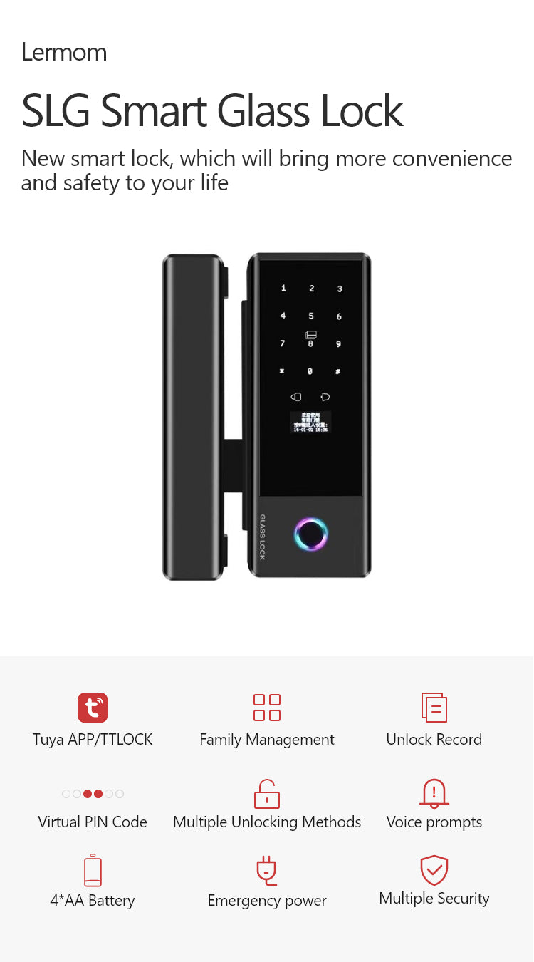 Smart Glass Door Lock - Fingerprint Password Card APP Wifi / Bluetooth Mechanical Key Smart Lock for Glass Doors  - SLG5