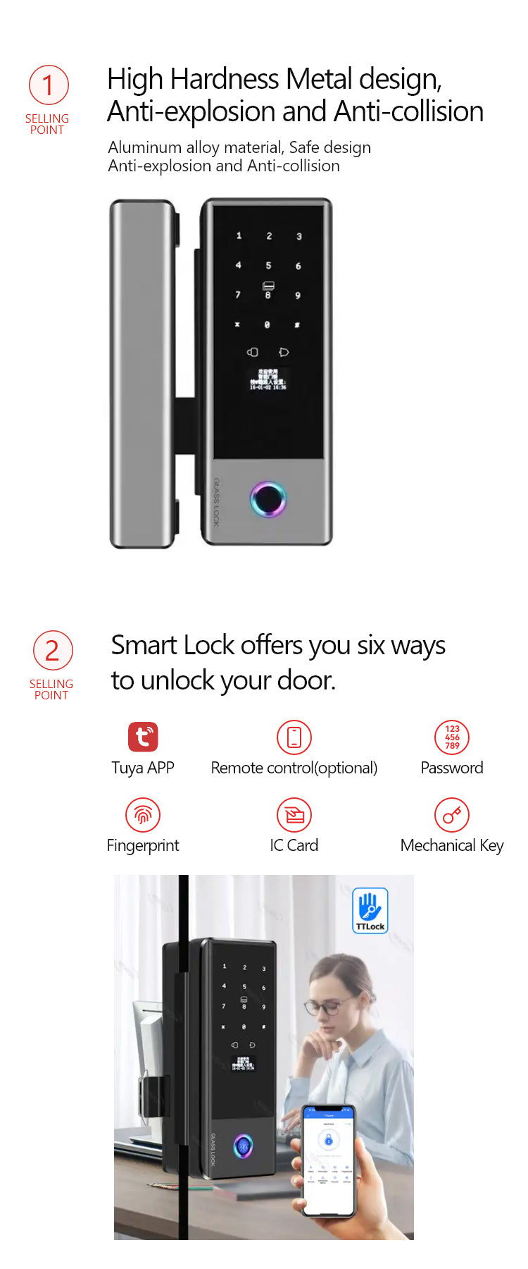 Smart Glass Door Lock - Fingerprint Password Card APP Wifi / Bluetooth Mechanical Key Smart Lock for Glass Doors  - SLG5