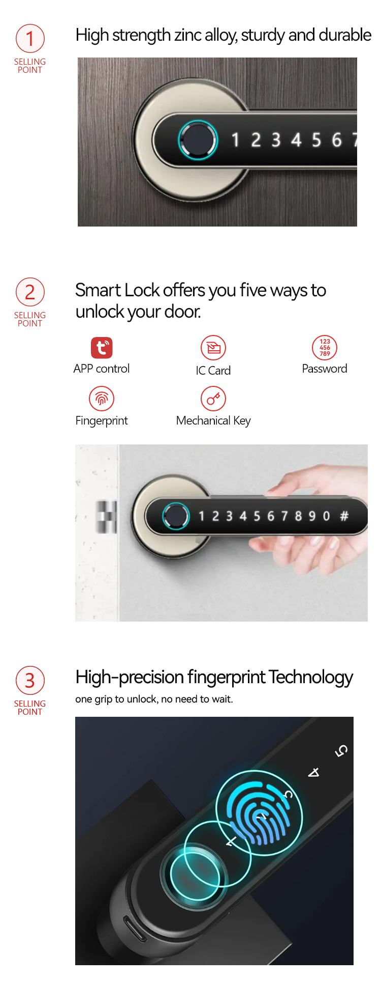 Smart Door Handle Lock - Fingerprint Passcode Bluetooth APP Physical Key Free Tuya APP Smart Door Handle with Latch - SLH6