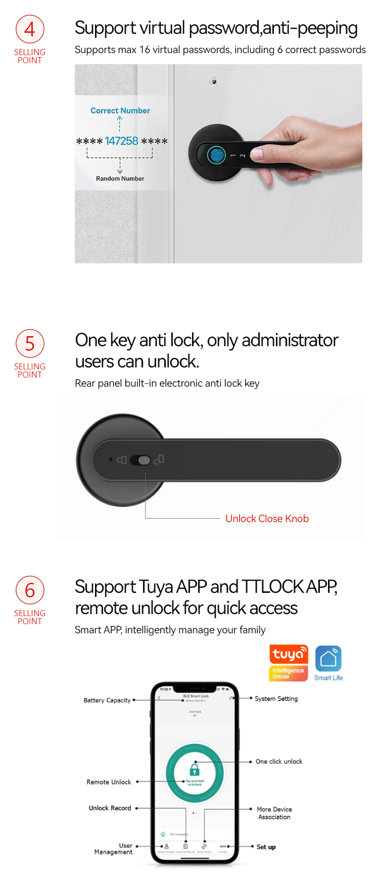 Smart Door Handle Lock - Fingerprint Passcode Bluetooth APP Physical Key Free Tuya APP Smart Door Handle with Latch - SLH6