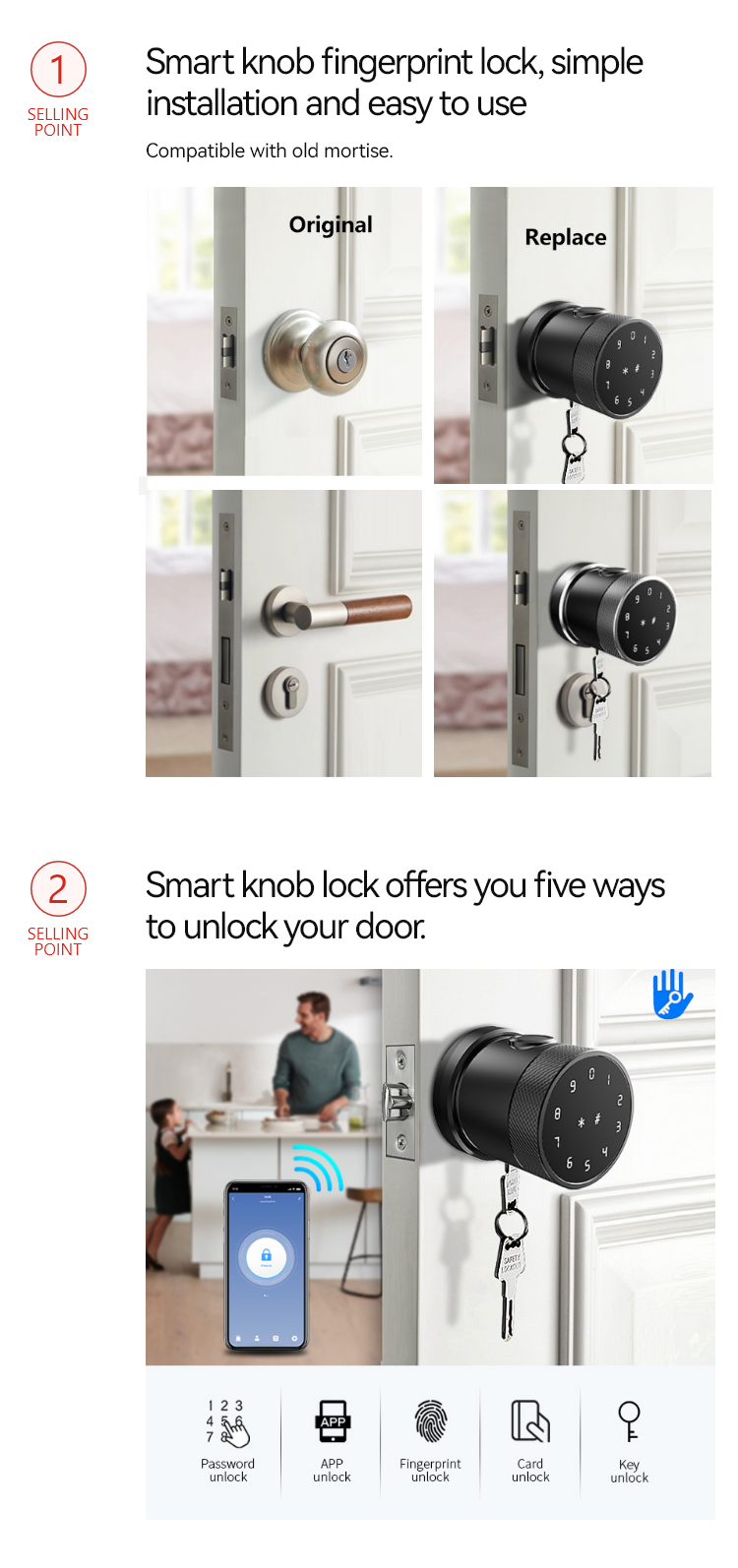 Smart Door Knob  - Fingerprint Password APP Card Mechanical Key - SLK5